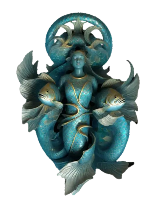 Create a 3D model of Pisces as twin fish swimming in a spiral around a serene… - Patterns 3D model, vytvořený pomocí AI