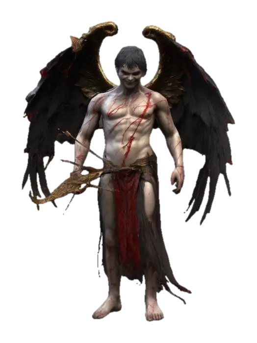 A twisted version of Cupid—dark wings, cracked golden bow, and a sinister grin. His… 3D model, vytvořený pomocí AI