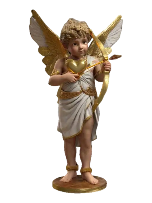 A highly detailed Cupid with elegant, feathered wings, a gold-trimmed toga, and a… 3D model, vytvořený pomocí AI