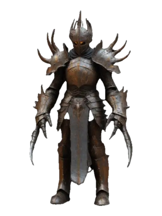 A Soulsborne inspired towering undead knight, body covered in rusted, spiked armor… 3D model, vytvořený pomocí AI
