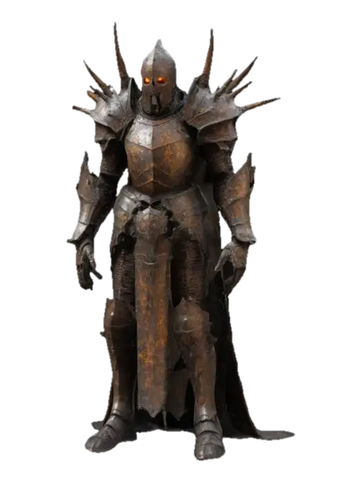 A Soulsborne inspired towering undead knight, body covered in rusted, spiked armor… 3D model, vytvořený pomocí AI
