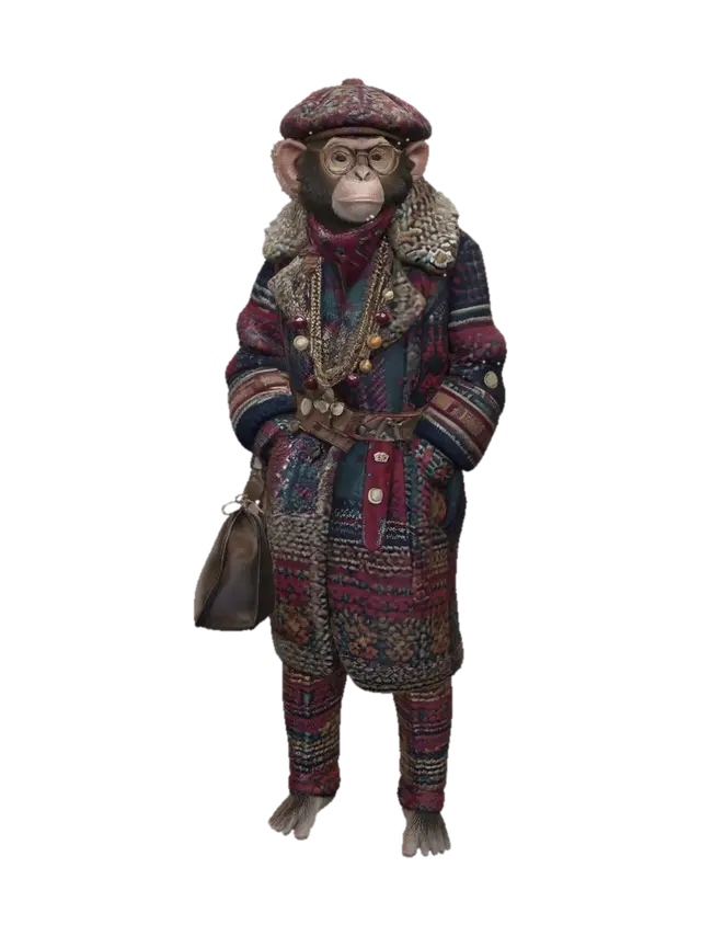 Dapper Monkey in a Patchwork Coat 3D model, vytvořený pomocí AI