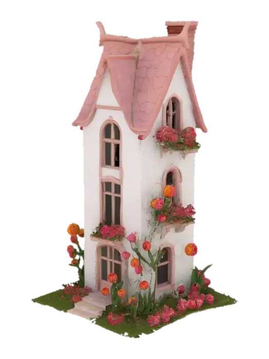 #garden#, A crazy gardener's house: thin and high white building in a style of… - Roses 3D model, vytvořený pomocí AI
