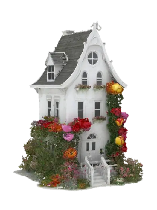 #garden#, A crazy gardener's house: thin and high white building in a style of… - Roses 3D model, vytvořený pomocí AI