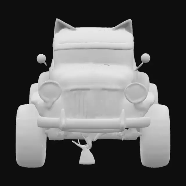 3D model for A monster-car live character, like an old automobile, smiling with it's radiator grates. There are bright yellow vertical cat's eyes instead of it's lights, wheels are his paws. Bluesy, rusty, dirty, vintage. Grotesque, scary, laughing old car.