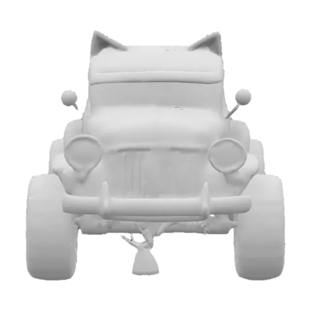 3D model for A monster-car live character, like an old automobile, smiling with it's radiator grates. There are bright yellow vertical cat's eyes instead of it's lights, wheels are his paws. Bluesy, rusty, dirty, vintage. Grotesque, scary, laughing old car. 