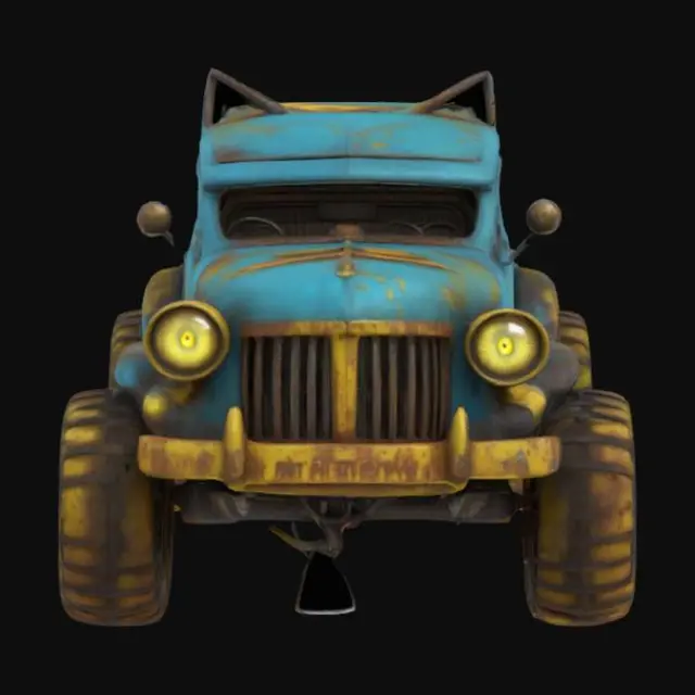 3D model for A monster-car live character, like an old automobile, smiling with it's radiator grates. There are bright yellow vertical cat's eyes instead of it's lights, wheels are his paws. Bluesy, rusty, dirty, vintage. Grotesque, scary, laughing old car.