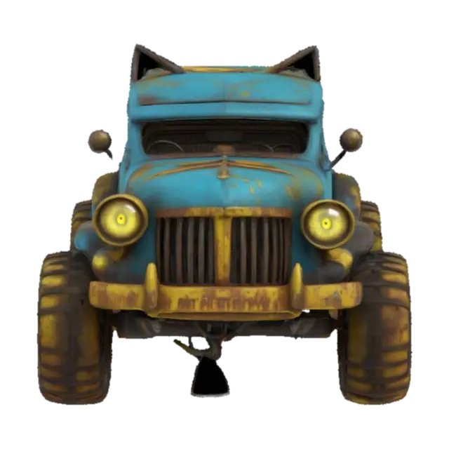 3D model for A monster-car live character, like an old automobile, smiling with it's radiator grates. There are bright yellow vertical cat's eyes instead of it's lights, wheels are his paws. Bluesy, rusty, dirty, vintage. Grotesque, scary, laughing old car. 