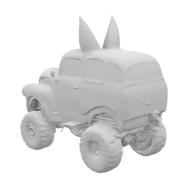 3D model for A monster-car live character, like an old automobile, smiling with it's radiator grates. There are bright yellow vertical cat's eyes instead of it's lights, wheels are his paws. Bluesy, rusty, dirty, vintage. Grotesque, scary, laughing old car. 