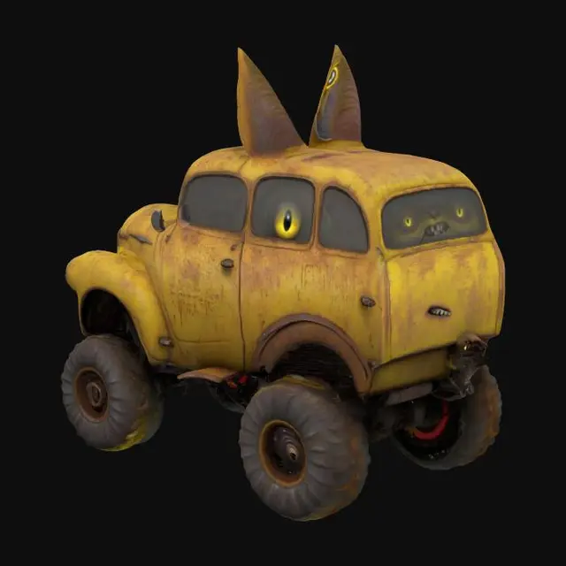 3D model for A monster-car live character, like an old automobile, smiling with it's radiator grates. There are bright yellow vertical cat's eyes instead of it's lights, wheels are his paws. Bluesy, rusty, dirty, vintage. Grotesque, scary, laughing old car.