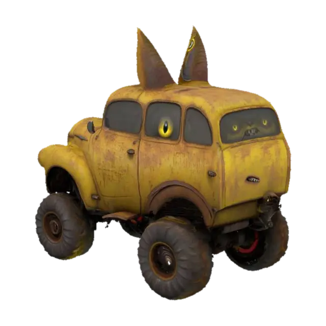 3D model for A monster-car live character, like an old automobile, smiling with it's radiator grates. There are bright yellow vertical cat's eyes instead of it's lights, wheels are his paws. Bluesy, rusty, dirty, vintage. Grotesque, scary, laughing old car. 