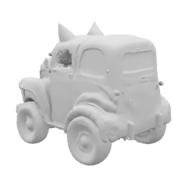 3D model for A monster-car live character, like an old automobile, smiling with it's radiator grates. There are bright yellow vertical cat's eyes instead of it's lights, wheels are his paws. Bluesy, rusty, dirty, vintage. Grotesque, scary, laughing old car. 