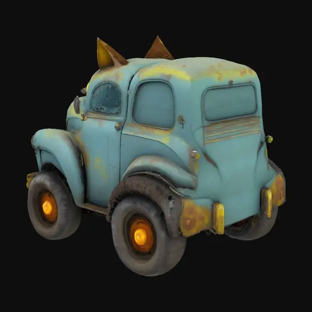 3D model for A monster-car live character, like an old automobile, smiling with it's radiator grates. There are bright yellow vertical cat's eyes instead of it's lights, wheels are his paws. Bluesy, rusty, dirty, vintage. Grotesque, scary, laughing old car.