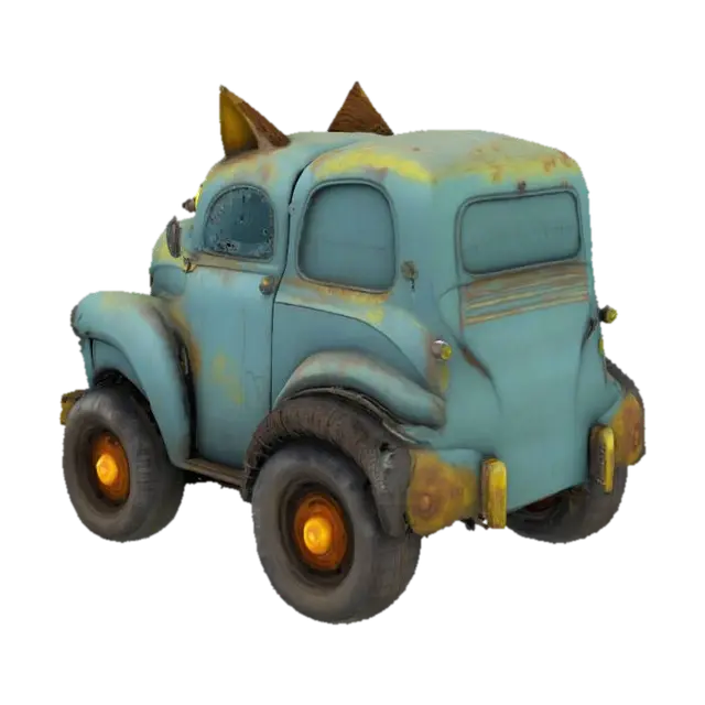 3D model for A monster-car live character, like an old automobile, smiling with it's radiator grates. There are bright yellow vertical cat's eyes instead of it's lights, wheels are his paws. Bluesy, rusty, dirty, vintage. Grotesque, scary, laughing old car. 