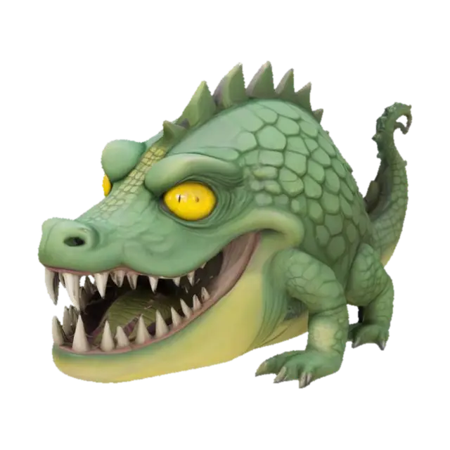 A grotesque building looking like a crocodile. Windows are yellow eyes watching… 3D model, vytvořený pomocí AI