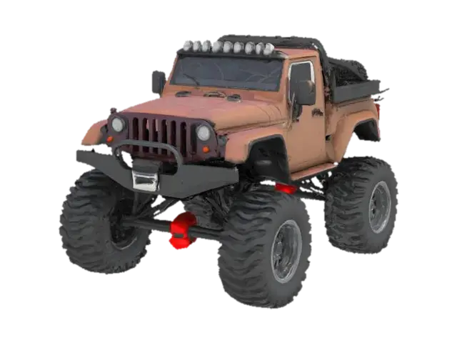 Crea un concept monster truck jeep tipo rally, con platón, parrilla, luces superiores… 3D model, vytvořený pomocí AI