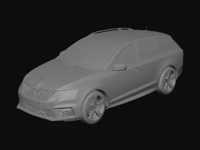 3D model for Ultra-realistic 3D model of a 2017 Škoda Octavia III Combi vRS station wagon, European performance estate car, aggressive sporty front bumper, black honeycomb grille with vRS badge, sharp LED headlights, aerodynamic body kit, lowered sports suspension, large 19-inch alloy wheels, red brake calipers, glossy metallic paint, detailed panel lines, realistic reflections, high-poly automotive model, accurate proportions, detailed interior visible through windows, sporty bucket seats, steering wheel with vRS logo, roof rails, rear diffuser, dual exhaust system, photorealistic materials, PBR textures, studio lighting, clean background, game-ready topology, highly detailed exterior and interior, automotive visualization quality, Unreal Engine 5 render style, 8K detailmetallic
