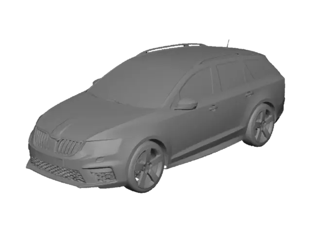 3D model for Ultra-realistic 3D model of a 2017 Škoda Octavia III Combi vRS station wagon, European performance estate car, aggressive sporty front bumper, black honeycomb grille with vRS badge, sharp LED headlights, aerodynamic body kit, lowered sports suspension, large 19-inch alloy wheels, red brake calipers, glossy metallic paint, detailed panel lines, realistic reflections, high-poly automotive model, accurate proportions, detailed interior visible through windows, sporty bucket seats, steering wheel with vRS logo, roof rails, rear diffuser, dual exhaust system, photorealistic materials, PBR textures, studio lighting, clean background, game-ready topology, highly detailed exterior and interior, automotive visualization quality, Unreal Engine 5 render style, 8K detailmetallic