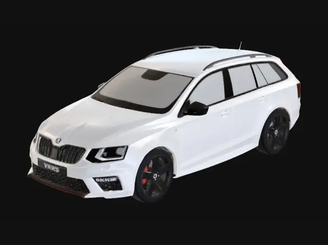 3D model for Ultra-realistic 3D model of a 2017 Škoda Octavia III Combi vRS station wagon, European performance estate car, aggressive sporty front bumper, black honeycomb grille with vRS badge, sharp LED headlights, aerodynamic body kit, lowered sports suspension, large 19-inch alloy wheels, red brake calipers, glossy metallic paint, detailed panel lines, realistic reflections, high-poly automotive model, accurate proportions, detailed interior visible through windows, sporty bucket seats, steering wheel with vRS logo, roof rails, rear diffuser, dual exhaust system, photorealistic materials, PBR textures, studio lighting, clean background, game-ready topology, highly detailed exterior and interior, automotive visualization quality, Unreal Engine 5 render style, 8K detailmetallic