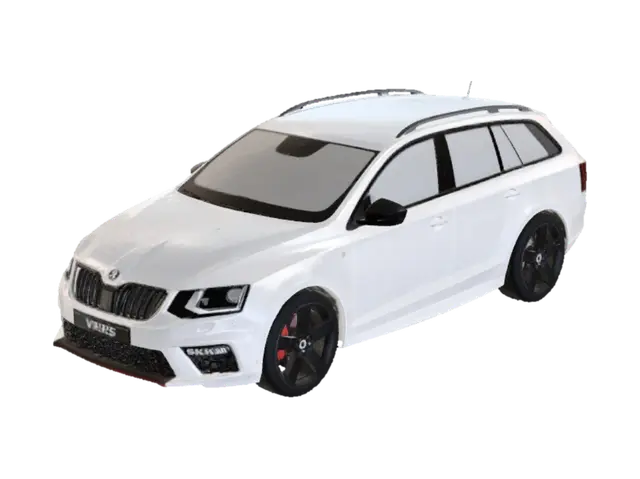 3D model for Ultra-realistic 3D model of a 2017 Škoda Octavia III Combi vRS station wagon, European performance estate car, aggressive sporty front bumper, black honeycomb grille with vRS badge, sharp LED headlights, aerodynamic body kit, lowered sports suspension, large 19-inch alloy wheels, red brake calipers, glossy metallic paint, detailed panel lines, realistic reflections, high-poly automotive model, accurate proportions, detailed interior visible through windows, sporty bucket seats, steering wheel with vRS logo, roof rails, rear diffuser, dual exhaust system, photorealistic materials, PBR textures, studio lighting, clean background, game-ready topology, highly detailed exterior and interior, automotive visualization quality, Unreal Engine 5 render style, 8K detailmetallic