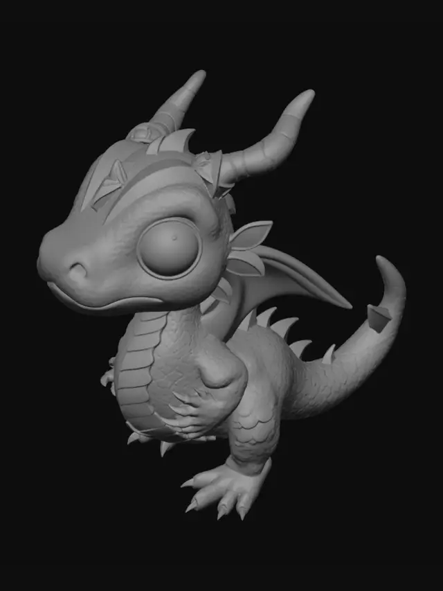 3D model for Cute crystal flexi dragon, iridescent scales, large adorable eyes, highly articulated body, gemstone horns, fantasy toy aesthetic, premium collectible, colorful translucent appearance, satisfying flexible segments, 3D printable flexi dragon, trending toy design, ultra detailed.