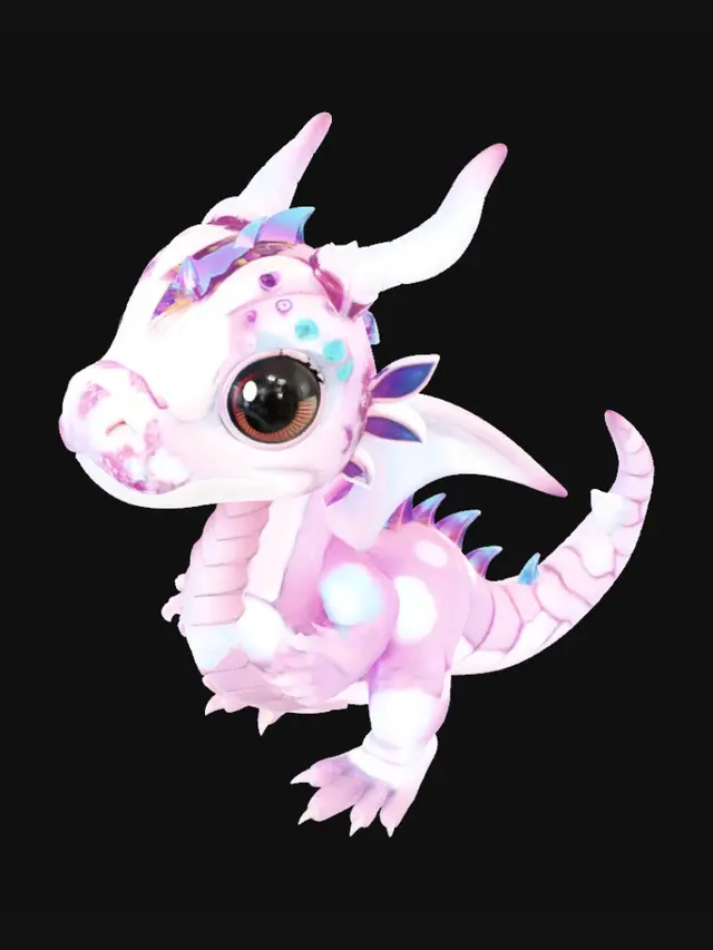 3D model for Cute crystal flexi dragon, iridescent scales, large adorable eyes, highly articulated body, gemstone horns, fantasy toy aesthetic, premium collectible, colorful translucent appearance, satisfying flexible segments, 3D printable flexi dragon, trending toy design, ultra detailed.