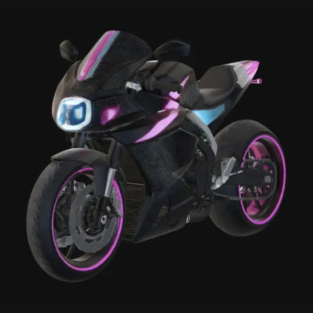 3D model for Sleek cyberpunk motorcycle, neon pink and cyan lights, futuristic carbon fiber body, anti-gravity technology, highly detailed mechanical components, realistic materials, game-ready 3D model, PBR textures, studio lighting ultra detailed, masterpiece, highly detailed geometry, PBR materials, realistic textures, clean topology, game-ready asset, 8K detail, professional 3D model, centered object, studio lighting, sharp focus