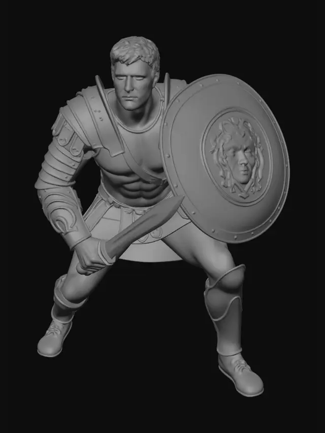3D model for teseu com sua espada na mão direita e um escudo na mão esquerda. Sua armadura reveste as canelas, o tronco e no ombro esquerdo a armadura é identica a de um romano, já o ombro direito, a armadura reveste tanto o ombro quanto o braço. No antebraço esquerdo, há uma peça de armadura com o simbolo omega