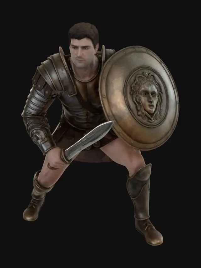 3D model for teseu com sua espada na mão direita e um escudo na mão esquerda. Sua armadura reveste as canelas, o tronco e no ombro esquerdo a armadura é identica a de um romano, já o ombro direito, a armadura reveste tanto o ombro quanto o braço. No antebraço esquerdo, há uma peça de armadura com o simbolo omega