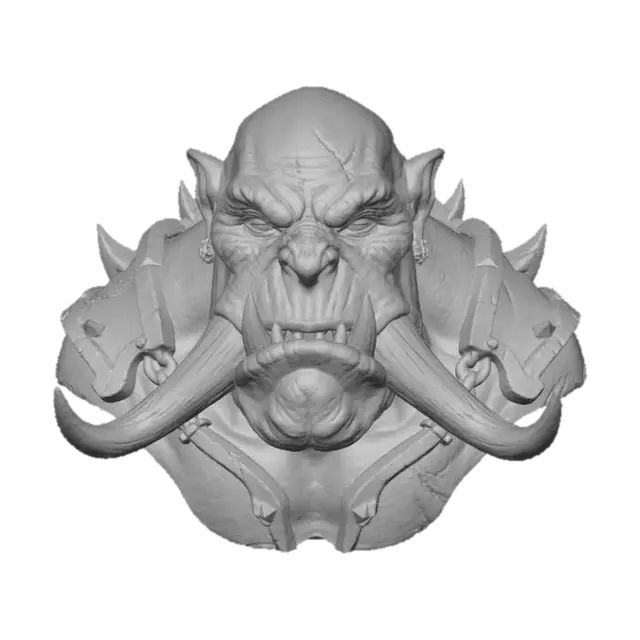 3D model for Orc bust with huge tusks,and scars,scary, sharp edges, realistic, #villain#,