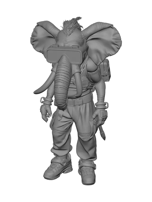 3D model for A Mutant Anthromorphic Human/Elephant Man dressed in cyberpunk clothing with an electronic HUD sunglasses