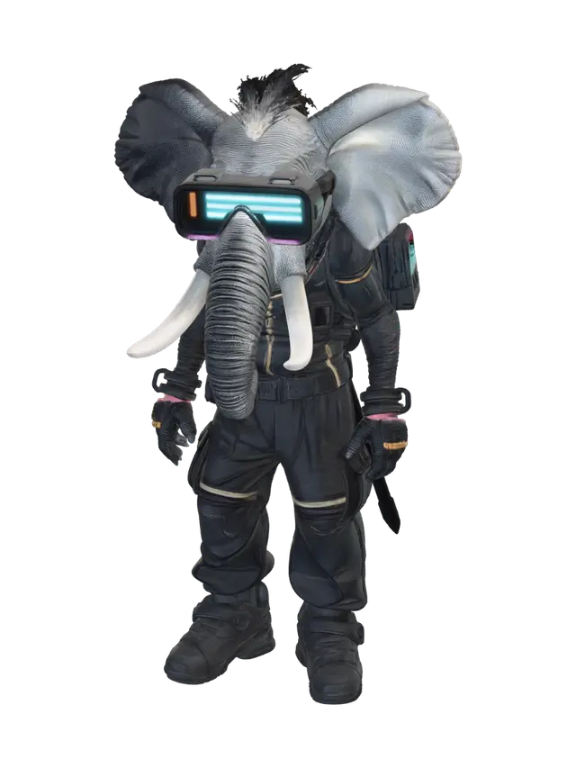 3D model for A Mutant Anthromorphic Human/Elephant Man dressed in cyberpunk clothing with an electronic HUD sunglasses