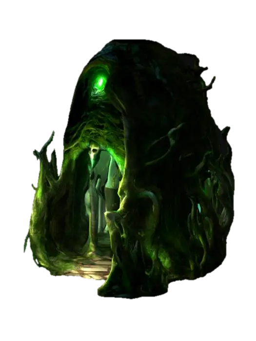 Twisted roots form a colossal tree-stump archway, pulsating with eerie green light.… - Vampire 3D model, vytvořený pomocí AI
