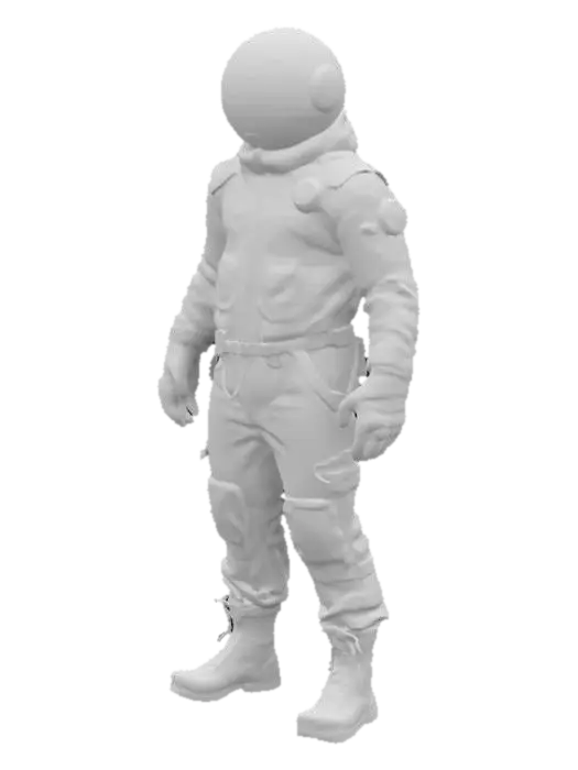 3D model for The object has a sleek, symmetrical design featuring smooth, metallic textures with glossy surfaces, highlighted by a combination of beige and black colors on a futuristic outfit adorned with patches and intricate detailing."Dieselpunk Formula Pilots don sleek, Orange  high-tech uniforms blending retro-futuristic design. Tailored for speed, adorned with mystic symbols, their attire merges style with aerodynamic efficiency in the high-octane realms of Forged Realms.", 