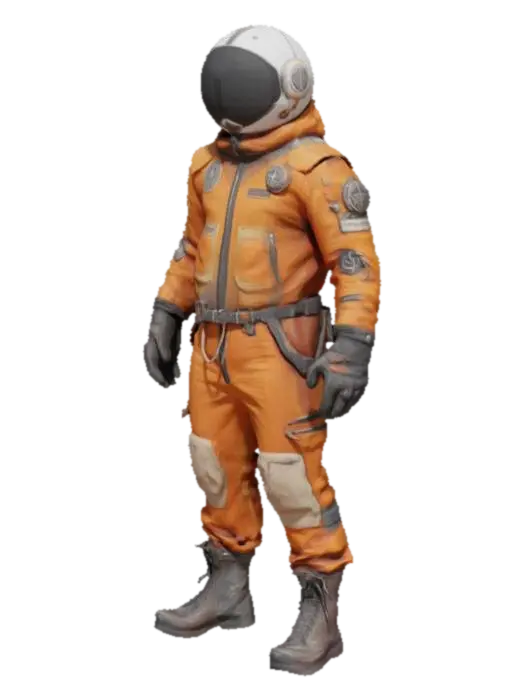 3D model for The object has a sleek, symmetrical design featuring smooth, metallic textures with glossy surfaces, highlighted by a combination of beige and black colors on a futuristic outfit adorned with patches and intricate detailing."Dieselpunk Formula Pilots don sleek, Orange  high-tech uniforms blending retro-futuristic design. Tailored for speed, adorned with mystic symbols, their attire merges style with aerodynamic efficiency in the high-octane realms of Forged Realms.", 