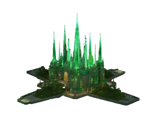A fantasy city with tall emerald crystal towers, glowing green light, golden gates,… - Palace 3D model, vytvořený pomocí AI