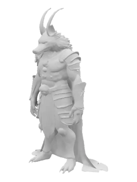 3D model for A powerful, wolf-like demon dog with glowing red eyes and curved, menacing horns. Its muscular frame follows the base anatomy of a dog, with a defined ribcage, flexible spine, and natural leg proportions for smooth, dynamic movement. The body is covered in dark, matted fur, with flame-like patterns across its back and legs. It wears ancient samurai-inspired armor, with red cloth and skull motifs, but the armor is lightweight for fluid motion.