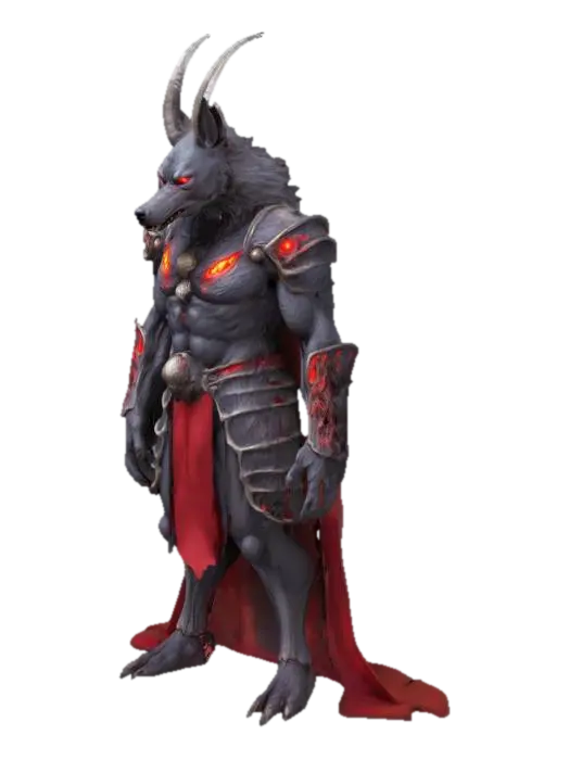 3D model for A powerful, wolf-like demon dog with glowing red eyes and curved, menacing horns. Its muscular frame follows the base anatomy of a dog, with a defined ribcage, flexible spine, and natural leg proportions for smooth, dynamic movement. The body is covered in dark, matted fur, with flame-like patterns across its back and legs. It wears ancient samurai-inspired armor, with red cloth and skull motifs, but the armor is lightweight for fluid motion.