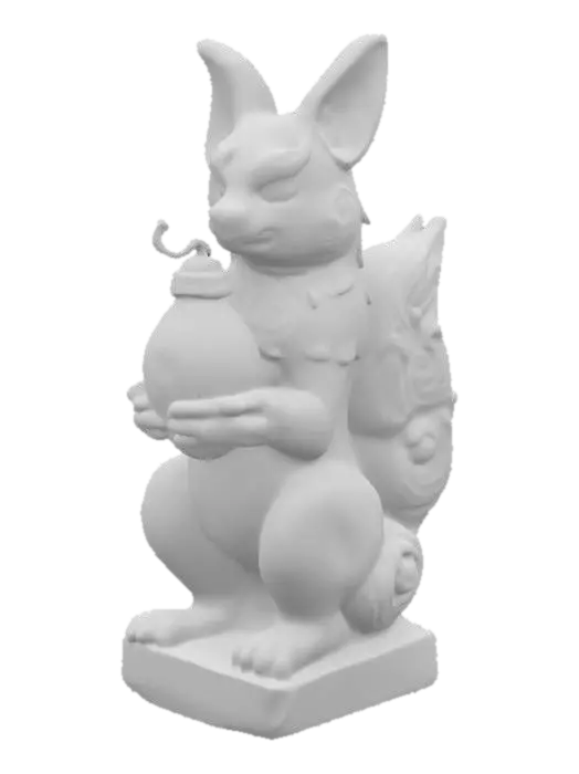3D model for [Japan] Spirit Kitsune Lantern: A sacred ancient stone kitsune (fox) statue holding a glowing floating lantern, carved in detailed aged stone, swirling spirit energy inside the lantern, symmetrical, watertight, high-resolution, clean solid geometry, 3D printable style, no floating parts., #AroundTheWorld#