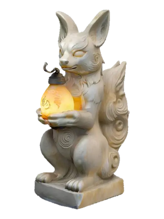 3D model for [Japan] Spirit Kitsune Lantern: A sacred ancient stone kitsune (fox) statue holding a glowing floating lantern, carved in detailed aged stone, swirling spirit energy inside the lantern, symmetrical, watertight, high-resolution, clean solid geometry, 3D printable style, no floating parts., #AroundTheWorld#
