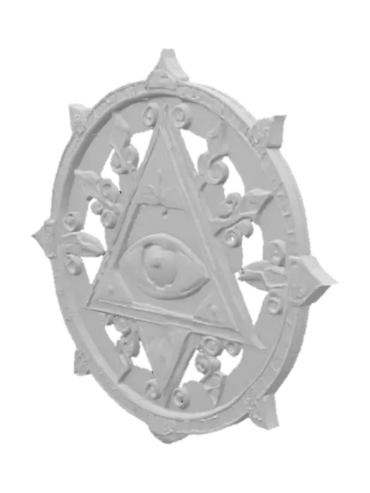 3D model for A single eye symbol with runic rays within a triangle, encircled by ornate borders. Mystical, occult-themed emblem., #emblem#