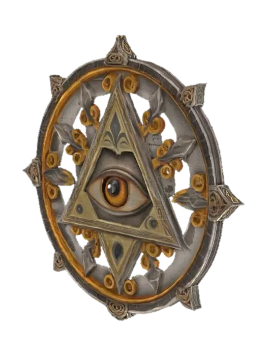 3D model for A single eye symbol with runic rays within a triangle, encircled by ornate borders. Mystical, occult-themed emblem., #emblem#