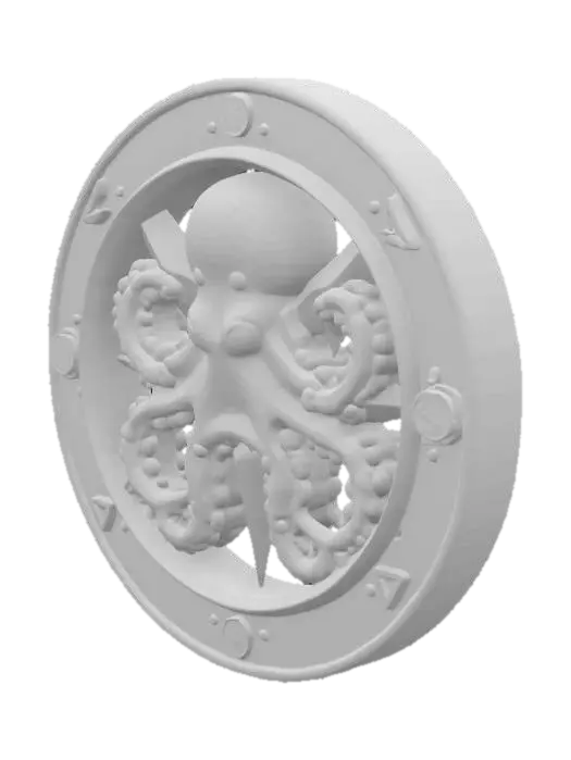 3D model for A stylized octopus wrapping around a compass rose, enclosed in a round medallion. Nautical + explorer theme., #emblem#