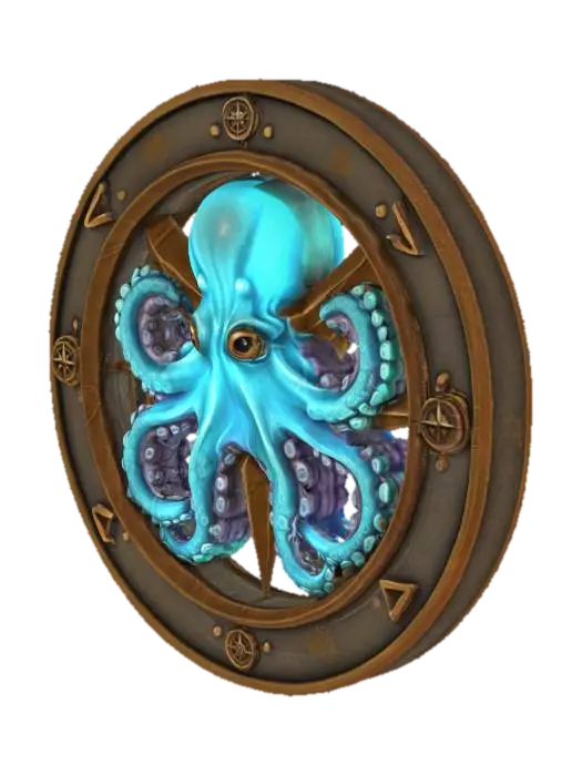 3D model for A stylized octopus wrapping around a compass rose, enclosed in a round medallion. Nautical + explorer theme., #emblem#