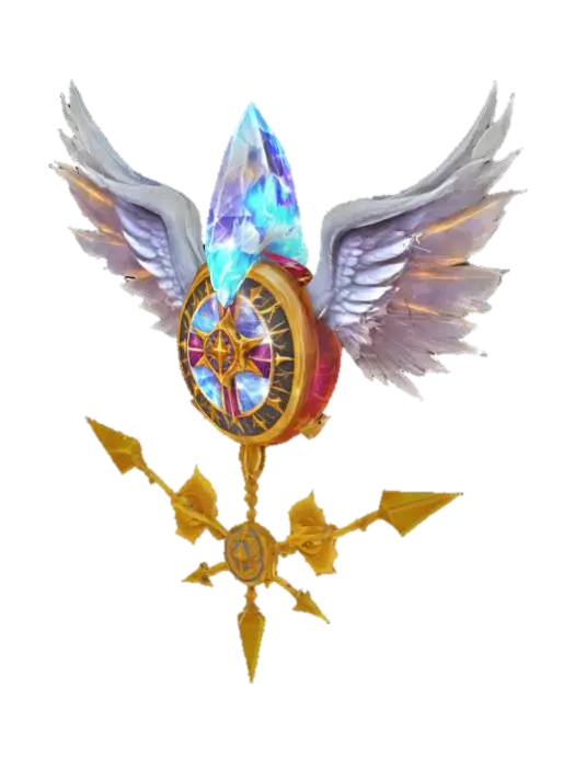 A winged crystal hovering above crossed spears and a circular sky ring.… - Vigilance 3D model, vytvořený pomocí AI