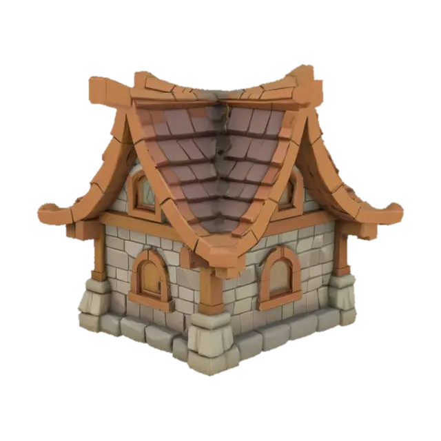 A stylized fantasy house with a solid, blocky structure. The house has thick walls,… 3D model, vytvořený pomocí AI