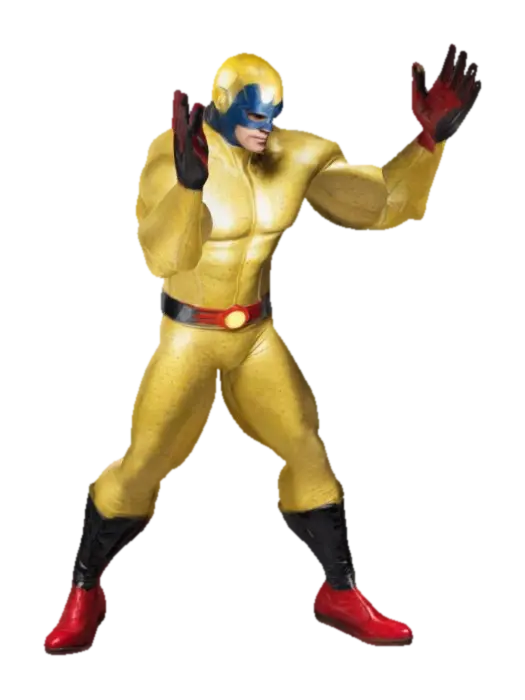 Muscular male superhero in dynamic action pose, athletic build with heroic… - Atom 3D model, vytvořený pomocí AI