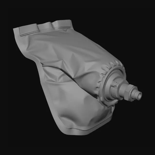 3D model for ultra-detailed studio product photograph of a modern hydration pouch water reservoir bag, navy blue TPU laminated fabric exterior with realistic micro surface texture, metallic silver inner panel with fine crinkles and foil wrinkles, heat-sealed seams and reinforced stitched edges, high-detail plastic drinking valve and cap nozzle at top corner, realistic industrial design, soft deformable liquid-filled shape with natural pressure folds and fabric tension, photorealistic PBR materials, visible fabric grain, subtle scratches and wear, high dynamic range reflections, physically based rendering, extremely sharp focus, centered composition, isolated on clean white background, softbox studio lighting with accurate specular highlights, global illumination, ray-traced look, product photography.
