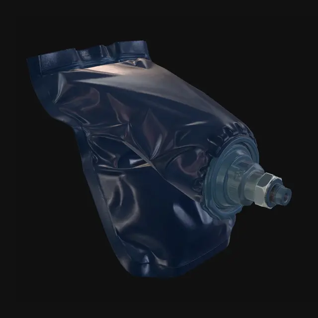 3D model for ultra-detailed studio product photograph of a modern hydration pouch water reservoir bag, navy blue TPU laminated fabric exterior with realistic micro surface texture, metallic silver inner panel with fine crinkles and foil wrinkles, heat-sealed seams and reinforced stitched edges, high-detail plastic drinking valve and cap nozzle at top corner, realistic industrial design, soft deformable liquid-filled shape with natural pressure folds and fabric tension, photorealistic PBR materials, visible fabric grain, subtle scratches and wear, high dynamic range reflections, physically based rendering, extremely sharp focus, centered composition, isolated on clean white background, softbox studio lighting with accurate specular highlights, global illumination, ray-traced look, product photography.