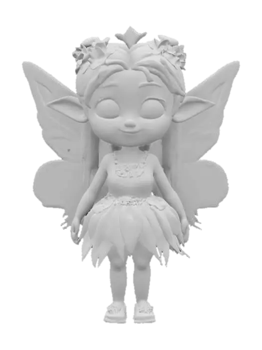 3D model for Queen of the flower fairys. Toon. long hair, round face, wide expressive eyes, iridescent wings. , Stylized, Game Assets, Pixar Style, #fairy#